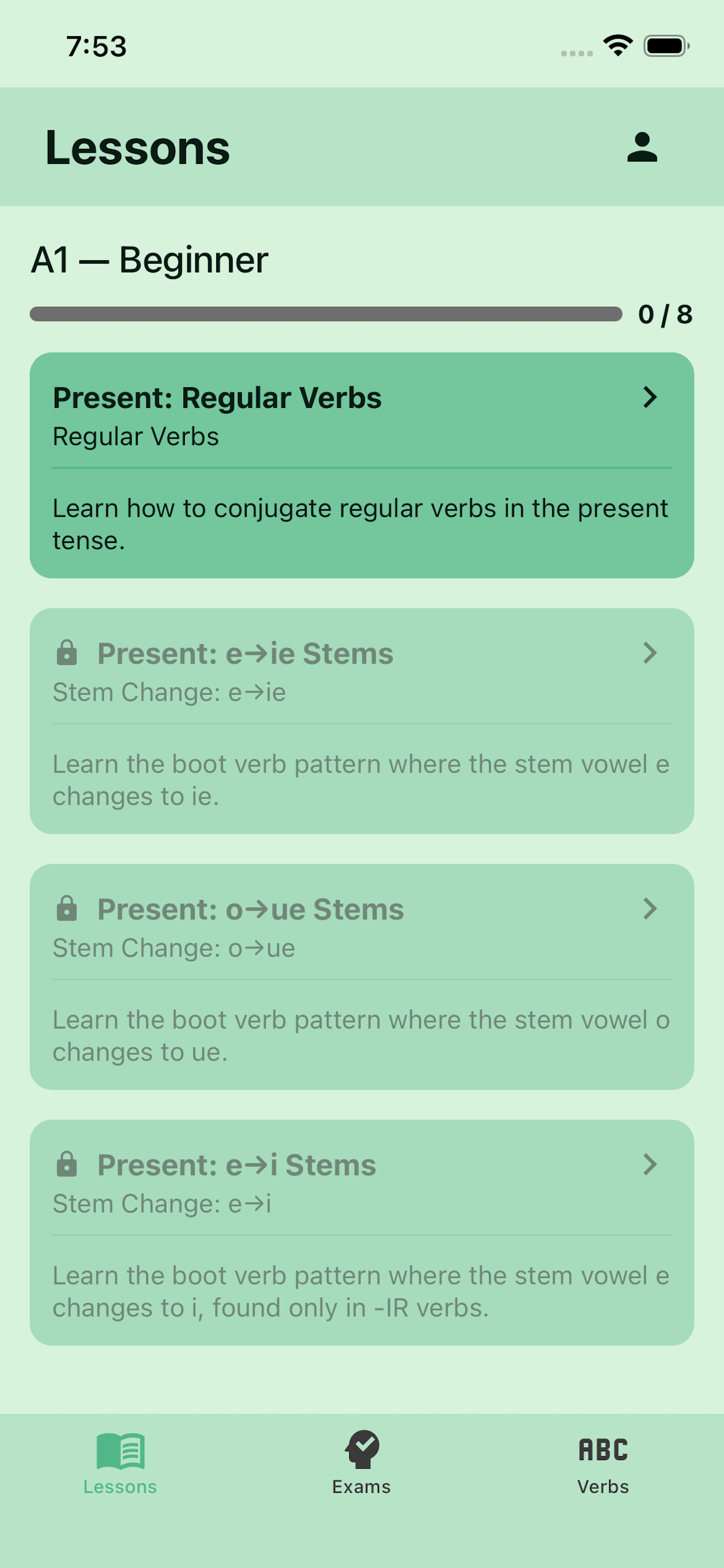 Verbler lessons screen