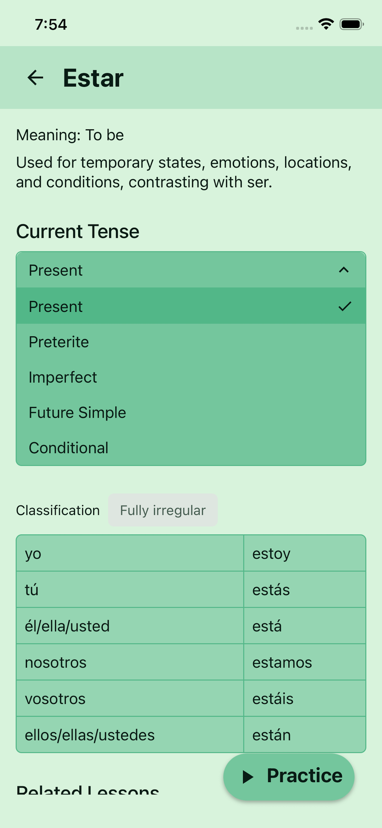 Verb conjugation table